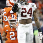 Jan 1, 2018; New Orleans, LA, USA; Alabama Crimson Tide linebacker Terrell Lewis (24) reacts after tackling Clemson Tigers quarterback Kelly Bryant (2) during the third quarter the 2018 Sugar Bowl college football playoff semifinal game at Mercedes-Benz Superdome. Mandatory Credit: Greg M. Cooper-USA TODAY Sports